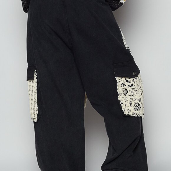 POL Distressed Twill Jogger Pants w/ Crochet Patches | Black | NWT | Large - Picture 5 of 5
